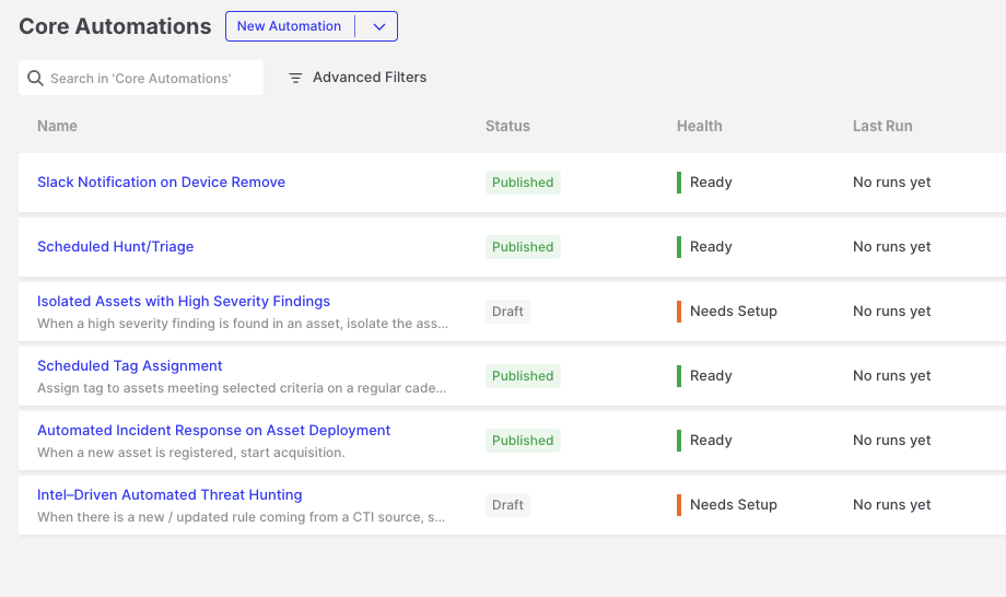 Automations: Automation list with Health and Status columns